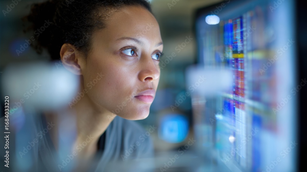 Poster medium shot highlighting a researchers face intently examining emissions factor tables on a screen w