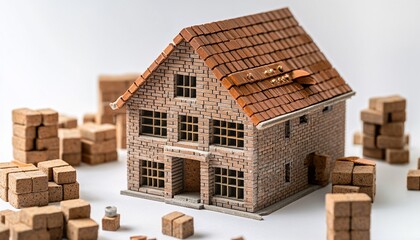 A small-scale model of a brick house is shown with additional bricks in stacks and piles nearby on a white background.