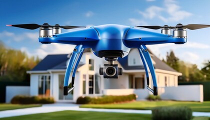 suspended in air sleek blue drone outdoors closeup image real estate uav close up photography marketing technology concept photo realistic residential surveillance house picture