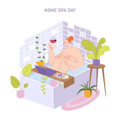 Relaxing Home Spa Day with Wine Vector Illustration