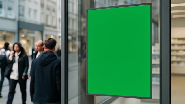 Green Screen Display in Street People walking past a storefront with a in an urban setting, potentially used for advertising with replaceable content
