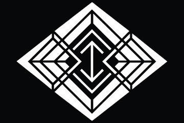 Vector art of abstract geometric design featuring a symmetrical pattern of triangles and squares, creating an optical illusion with a minimalist style on