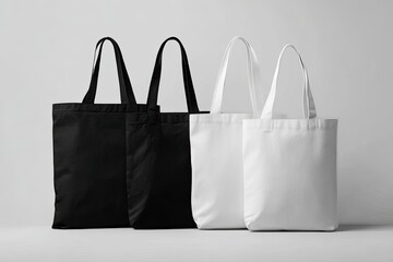Three blank tote bags, black and white, on a light gray background