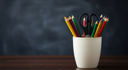 A white cup filled with colorful pencils and scissors sitting on a wooden table against a blackboard.