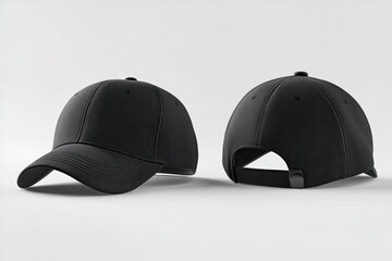Two black baseball caps displayed