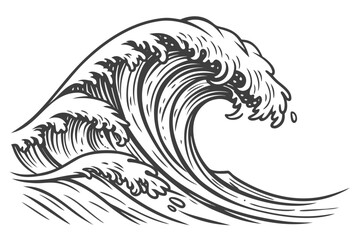 Obraz premium Vector art of a dynamic monochrome illustration of a powerful ocean wave, , capturing the raw energy and beauty of the sea in a stylized, vintage design