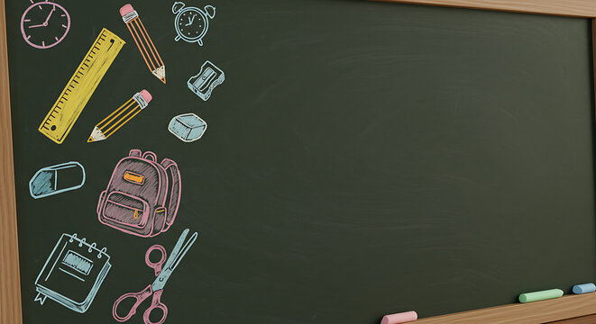 Chalkboard with colorful school supplies, including a backpack, stationery, and writing supplies. - Powered by Adobe