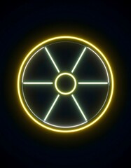 Fototapeta premium A circular neon sign design glows with bright yellow and pale green rays, creating a striking visual effect against a dark backdrop.