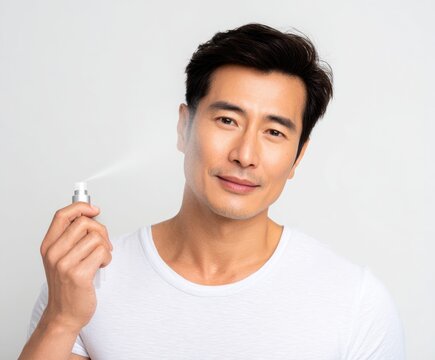 A man applies a facial mist to his face, radiating a calm and self-care centered mood.