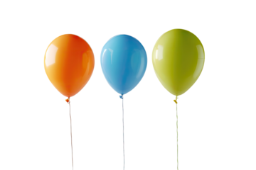 Three colorful balloons in a row against a black background.  Bright orange, light teal, and yellowish-green balloons.  Smooth, glossy surfaces.  Thin, light-colored strings