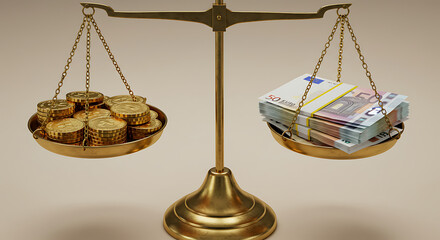 Scales showing balance between digital currencies and fiat currency, illustrating financial decisions.