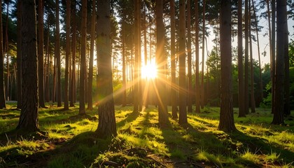 Obraz premium Golden sunlight streams through a dense forest, illuminating the ground with warm tones.