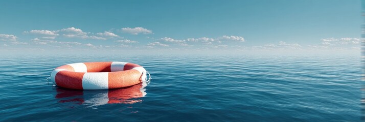 A lone life preserver floats on a tranquil ocean