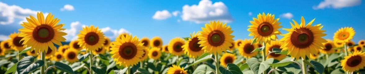 Fototapeta premium Vast field of sunflowers blooming under a brilliant blue sky, clear sky, sunflowers