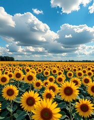 Fototapeta premium Vast sunflower field under a cloudy blue sky, golden blooms stretching to the horizon, summer, beautiful