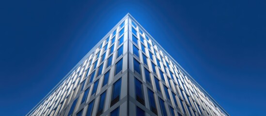 Low-angle view of a modern corner office building against a vibrant blue sky