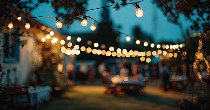 Outdoor party at dusk, string lights - Powered by Adobe