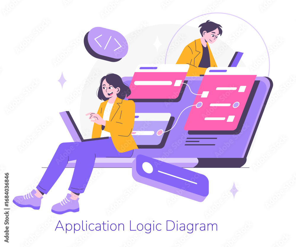Poster application logic diagram with developers vector illustration