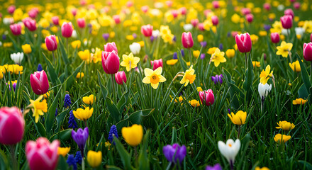 A vibrant meadow bursts with an array of colorful blooms, celebrating the arrival of spring with tulips, daffodils, and a symphony of floral beauty.