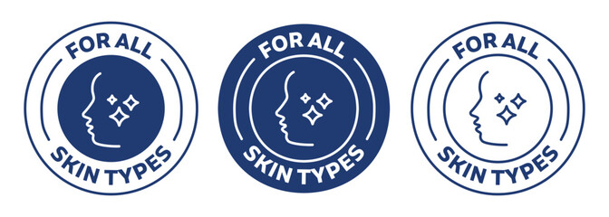 for all skin types icon set. suitable for skincare products. blue color badge, seal, sticker, logo, and symbol variants. Isolated vector illustration