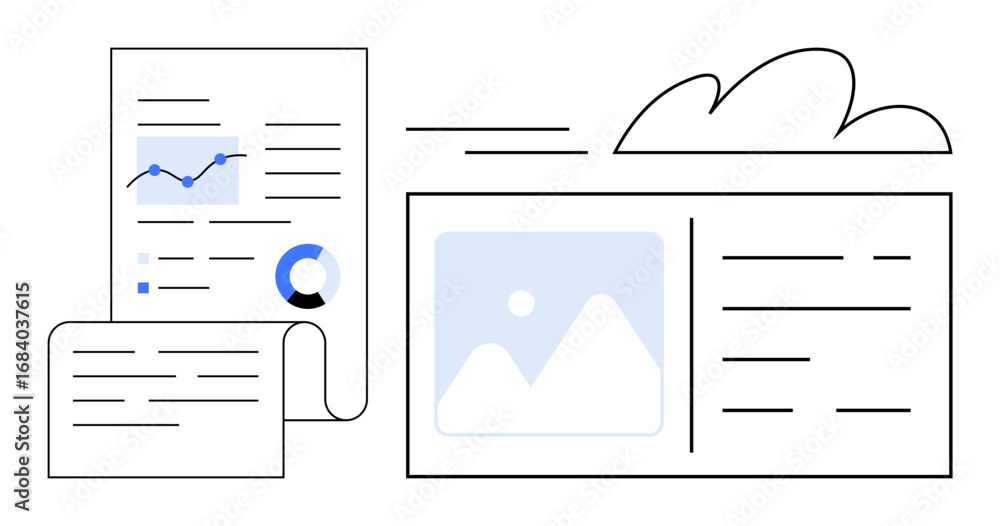 Poster analytical report with graphs, text sheets, visual charts, and cloud icon. ideal for business report