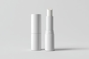 A blank, white lip balm tube, open, presented on a plain, light gray background