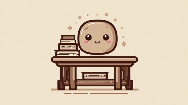 Smiling character floating above table with stack of books illustration