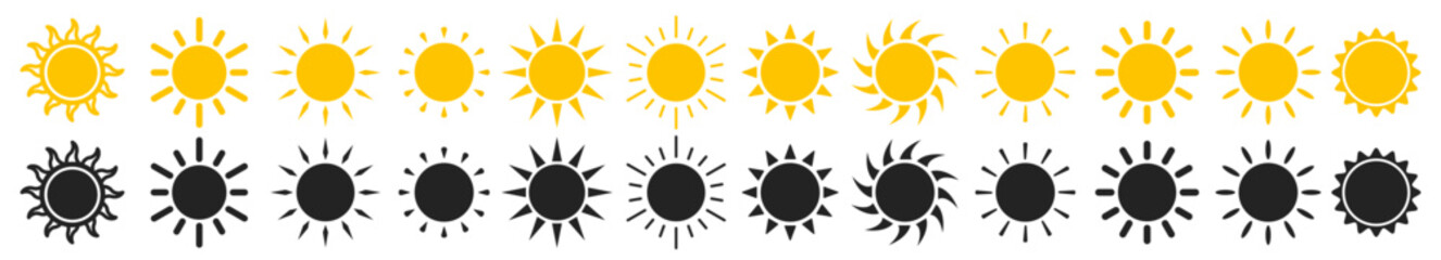 Sun icon set. Isolated summer hot sunlight sign collection. Sun stock vector icon sheet.