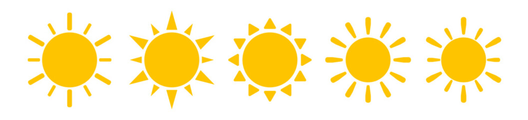 Sun icon set. Isolated summer hot sunlight sign collection. Sun stock vector icon sheet.