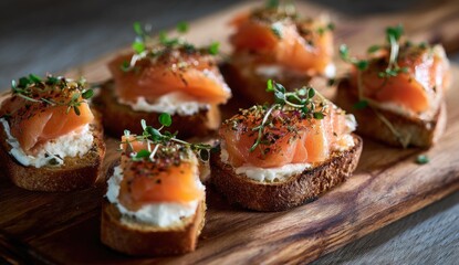 Smoked salmon appetizers on toasted bread.  Small, open-faced sandwiches, topped with creamy spread,  slices of pinkish smoked salmon,  and fresh herbs.  Served on a wooden board