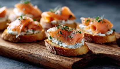 Toasted baguette slices topped with smoked salmon and cream cheese, garnished with fresh herbs