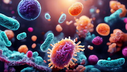 Vibrant illustration of microbiota including bacteria, fungi, protozoa, and viruses coexisting