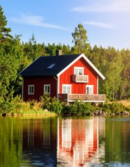 Obraz premium Red cabin by a lake on a sunny day