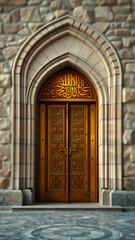 Fototapeta premium Golden Doorway with Islamic Calligraphy at a Stone Building vertical