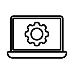 Data management icon. Laptop with cog wheel in screen. Black outline stock vector
