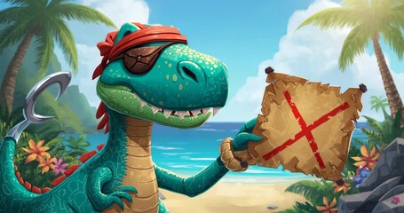 Hearing waves, green dinosaur pirate scanning treasure map on tropical beach, with red bandana - Powered by Adobe