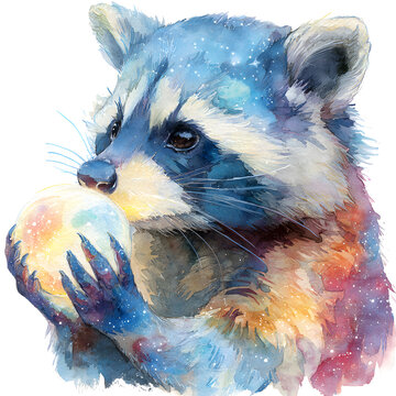 A raccoon with vibrant watercolor fur holds a glowing orb, set against a deep blue and purple starry background. The artistic style captures whimsy and magic in a serene nighttime atmosphere