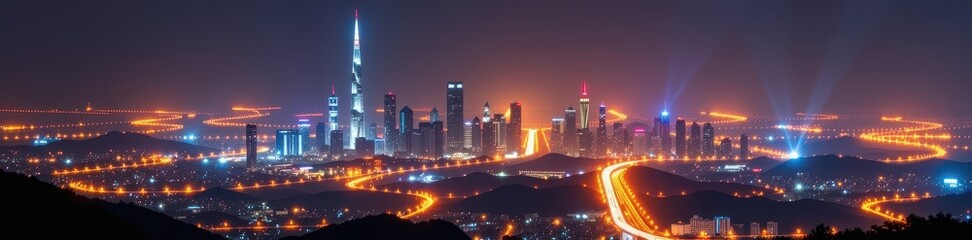 A futuristic cityscape at night, illuminated by vibrant, glowing lines of energy, creating a dynamic and hopeful atmosphere, sharp, power, futuristic city