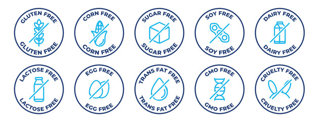Allergen free icons set. Gluten, corn, sugar, soy, dairy, lactose, egg, trans fat, gmo, and cruelty free icon collection - Stock vector