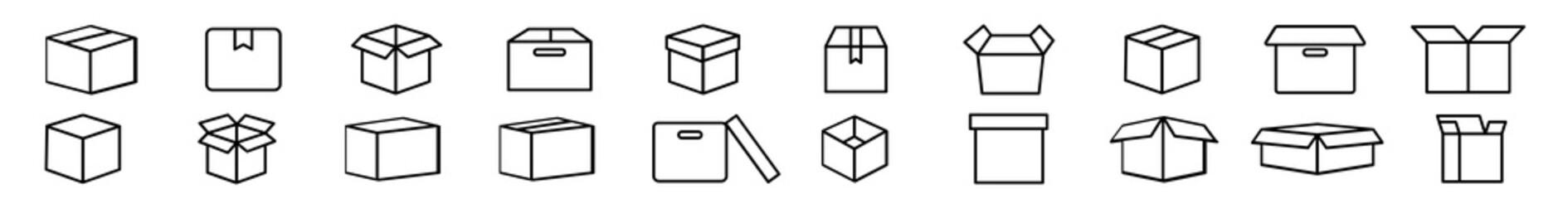 Box icon set. Product package cardboard shipping parcel box icon collection. Open and close outlined carton box vector sign. Open empty cube package.