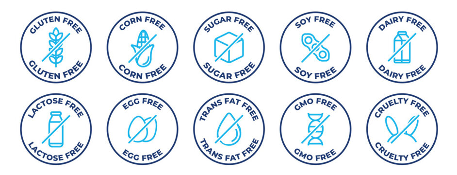 Allergen free icons set. Gluten, corn, sugar, soy, dairy, lactose, egg, trans fat, gmo, and cruelty free icon collection - Stock vector