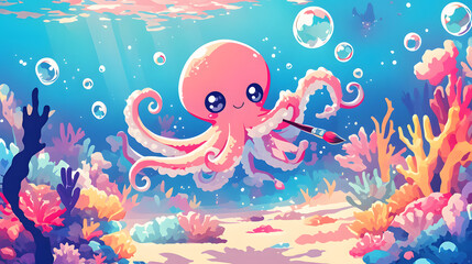 Fototapeta premium flat vector comic style cute pastel baby octopus