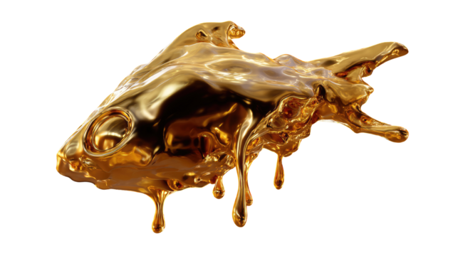 Liquid gold fish, dripping.  Shiny, golden,  melted form.  Detailed, 3D rendering of a stylized fish, with flowing, glossy gold substance