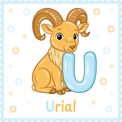 Letter U with Urial Cute Educational Alphabet Flashcard for Kids