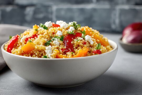 A bowl of couscous with bell peppers, feta, and herbs