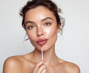 Close-up of a woman applying a light mauve gloss to her lips, showcasing radiant skin and a soft, elegant expression.