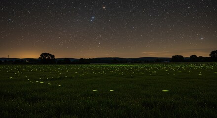 Enchanting summer night landscape with a field full of glowing fireflies under a brilliant starry sky