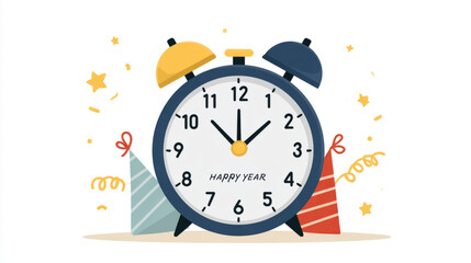 Festive new year alarm clock with confetti and party hats