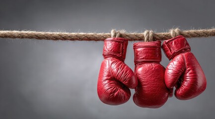 Three red boxing gloves hang from a rope against a muted gray background