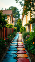 Fototapeta premium Colorful Painted Path Through a Residential Neighborhood Garden vertical